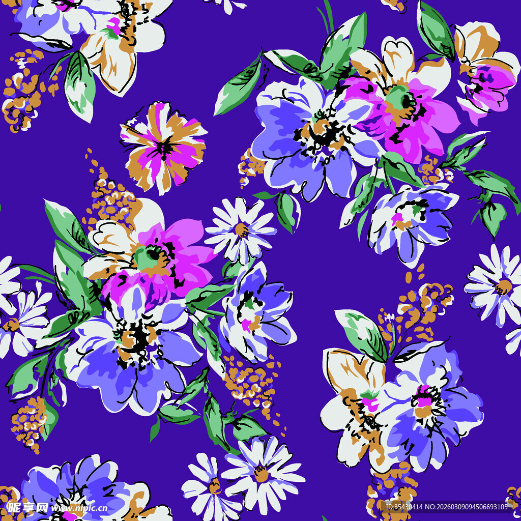 紫色花卉图案印花布料