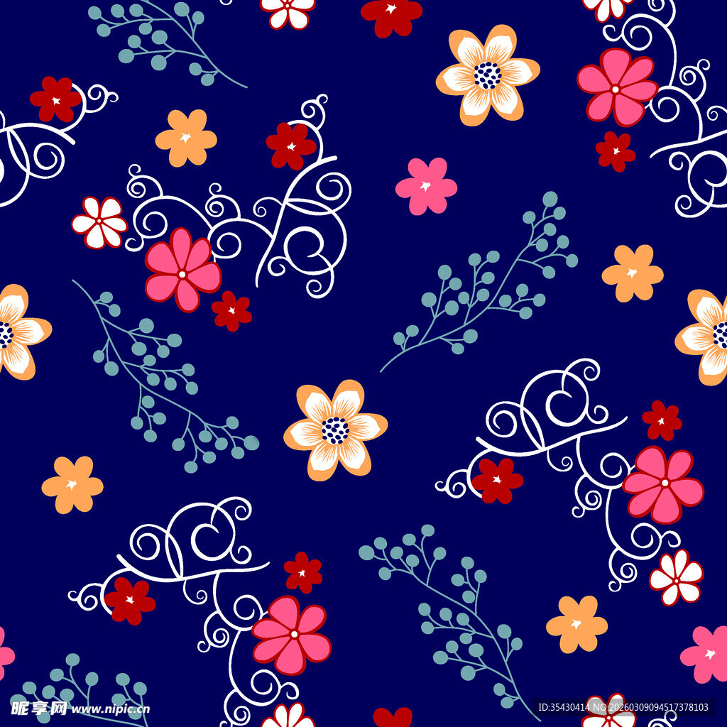 深蓝色底多彩花朵图案