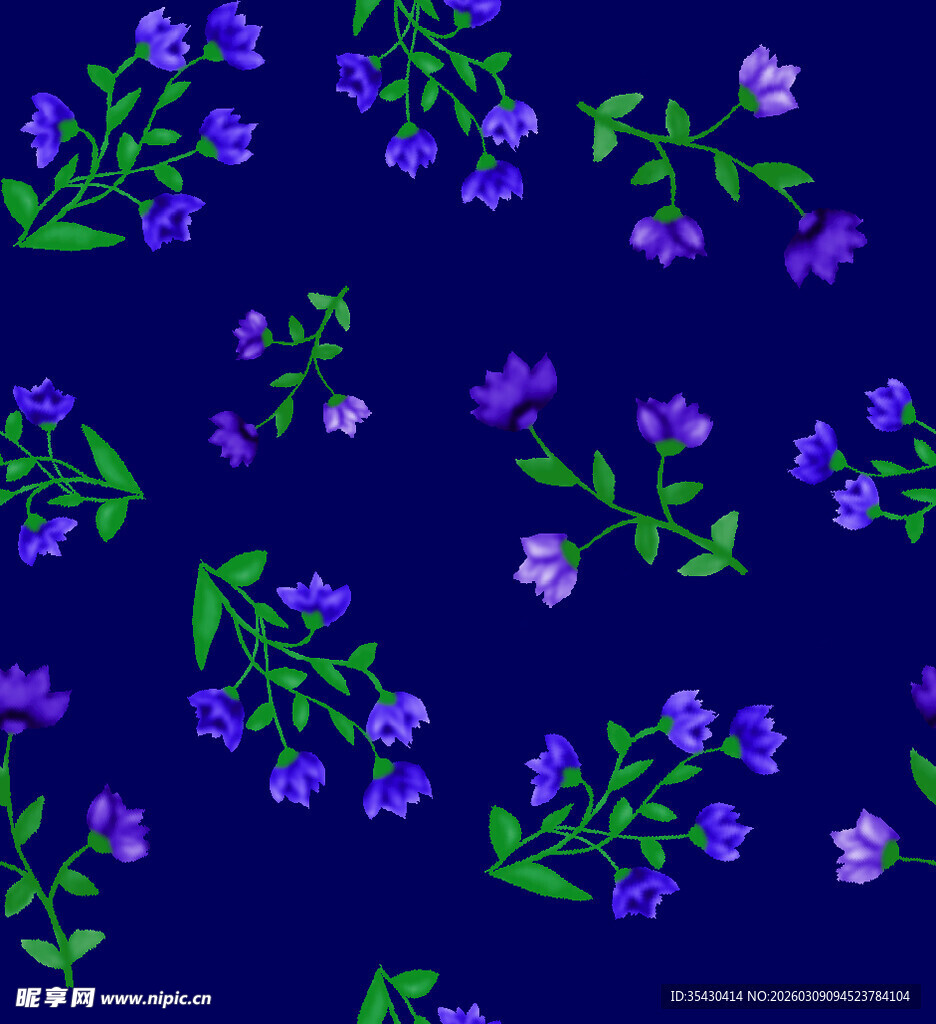 深蓝色底紫色花卉图案