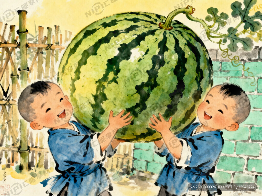 两个小孩儿抬西瓜 生成图