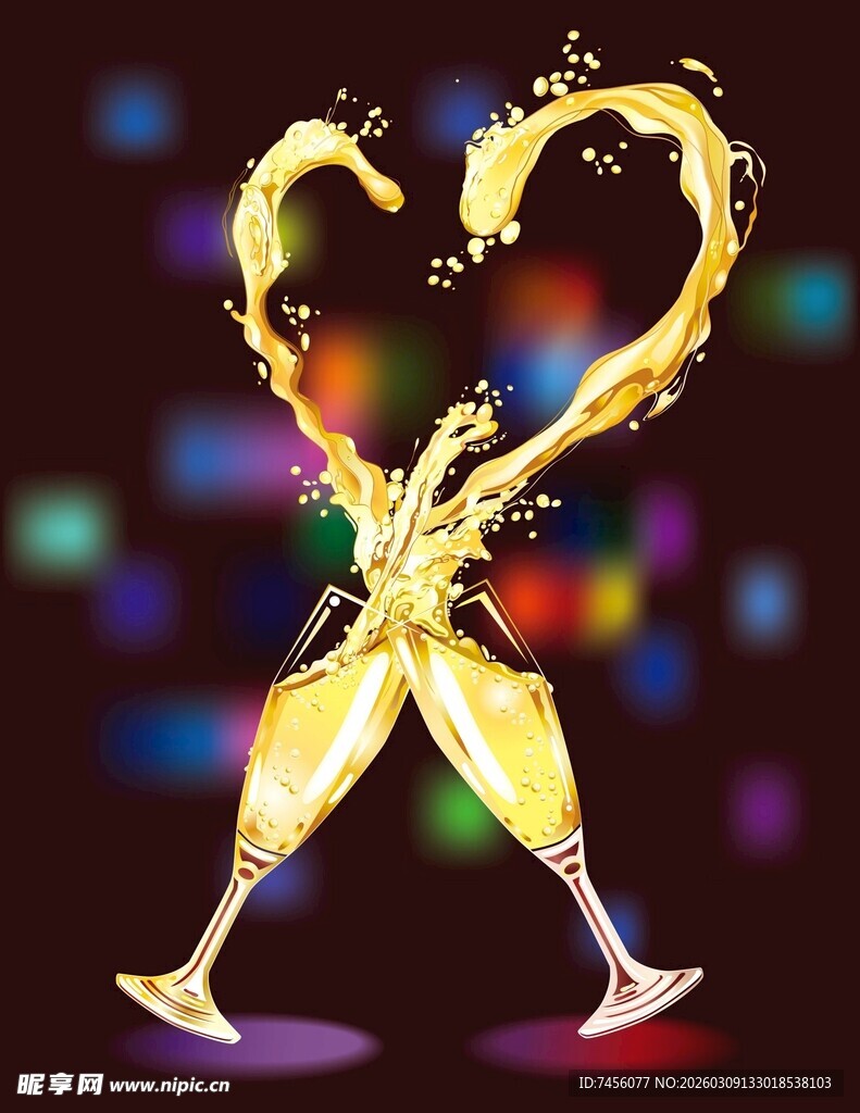 香槟杯碰杯洒出爱心图案