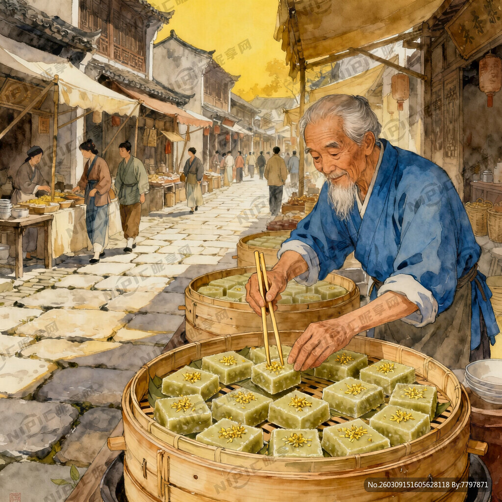 古代集市卖绿豆糕
