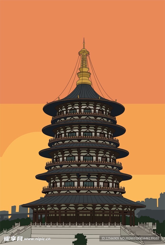 手绘卡通古风建筑