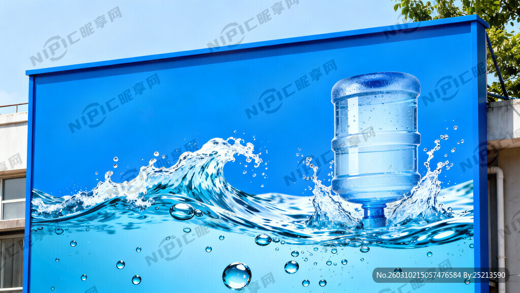 蓝色背景 是一块桶装水门头招牌