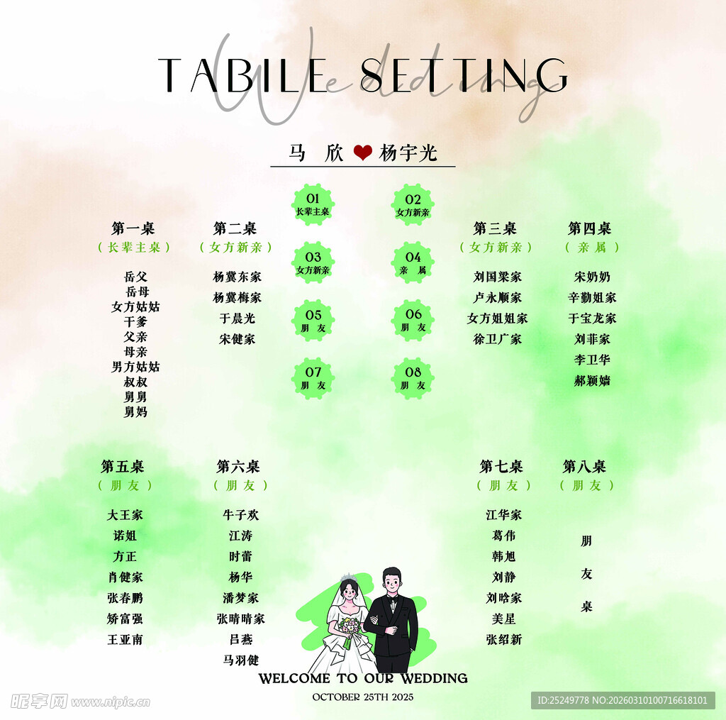 绿色清新婚礼座位安排表