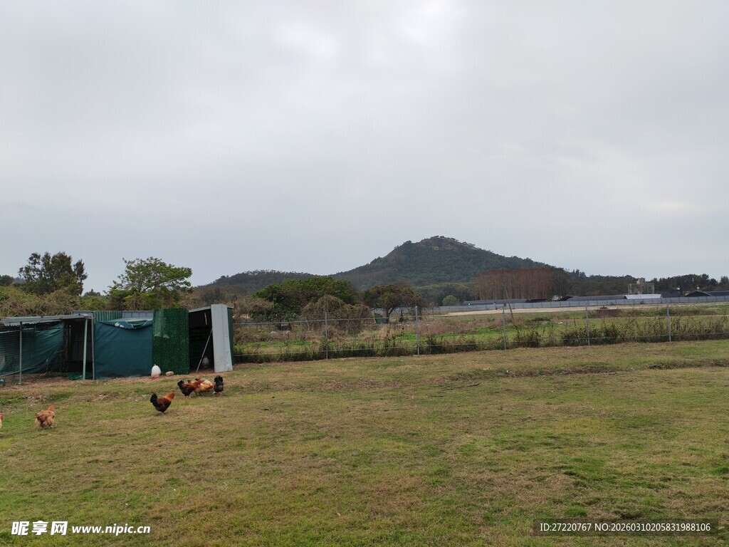田野中的简易建筑与远山