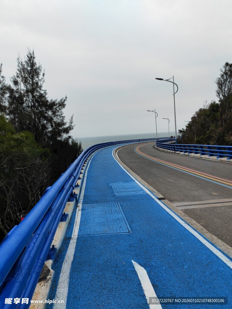 蓝色骑行道 伴绿植风光