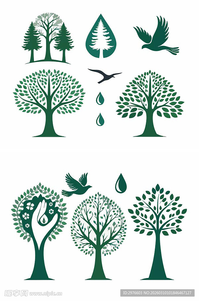 绿色树木与飞鸟矢量素材