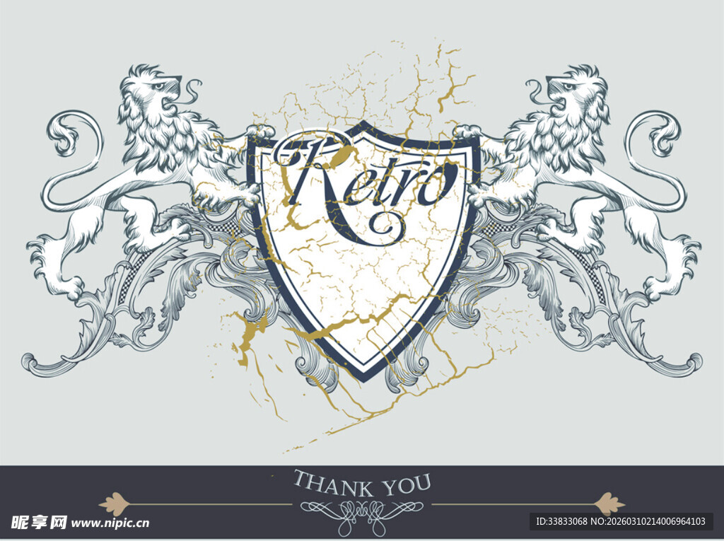 复古盾牌双狮纹章图案