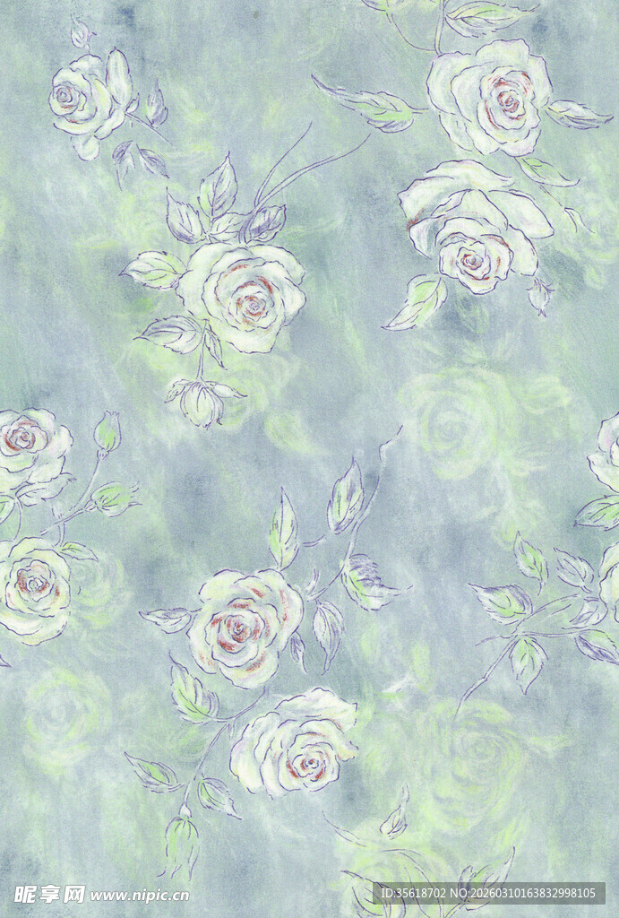 数码印花淡蓝底色白玫瑰花纹图案