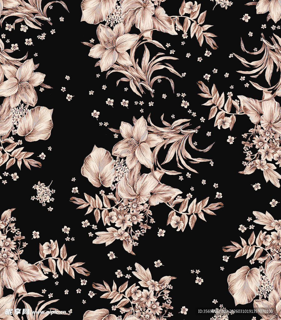 黑色底花卉复古风图案