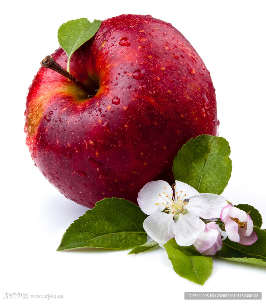 红苹果配花朵绿叶特写