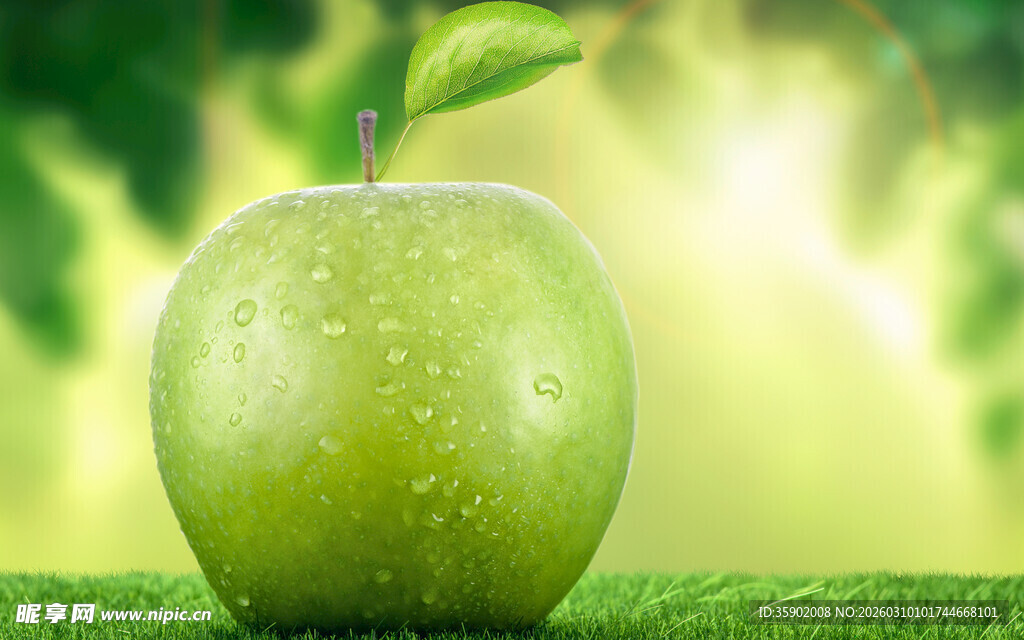 青苹果置于翠绿草地上