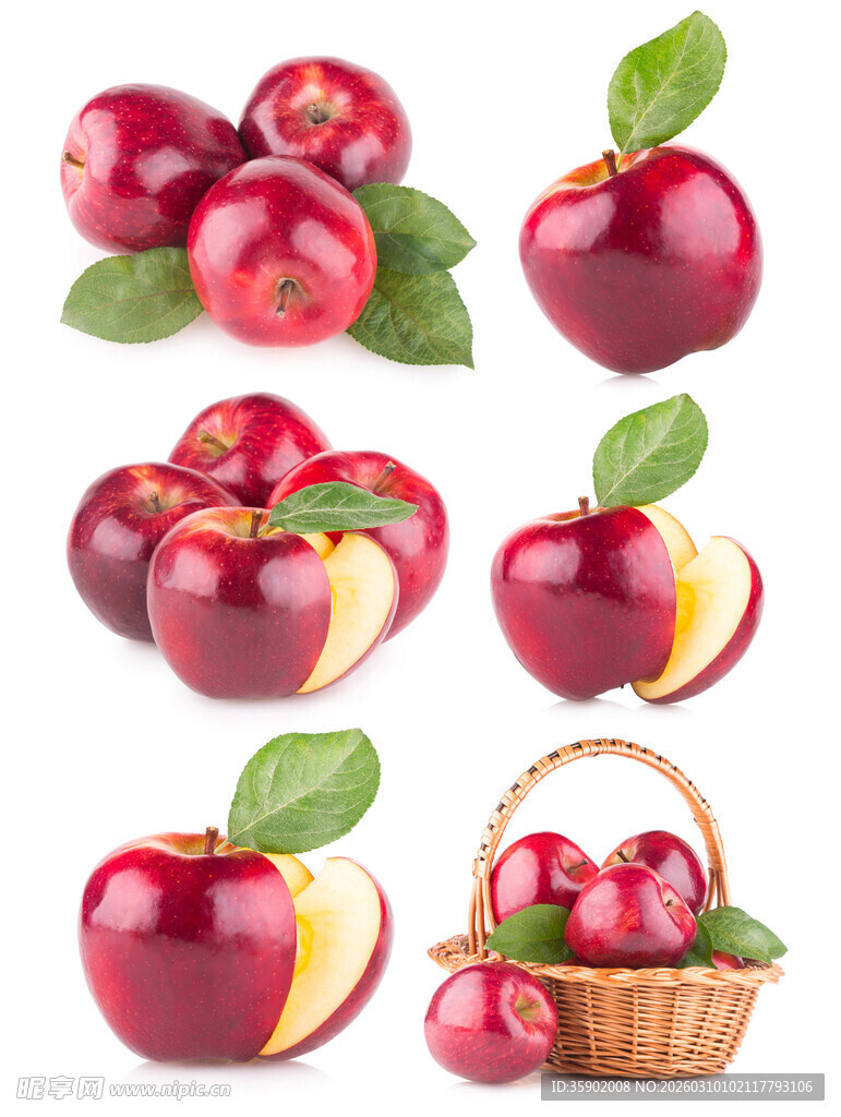 多样红苹果与果篮展示