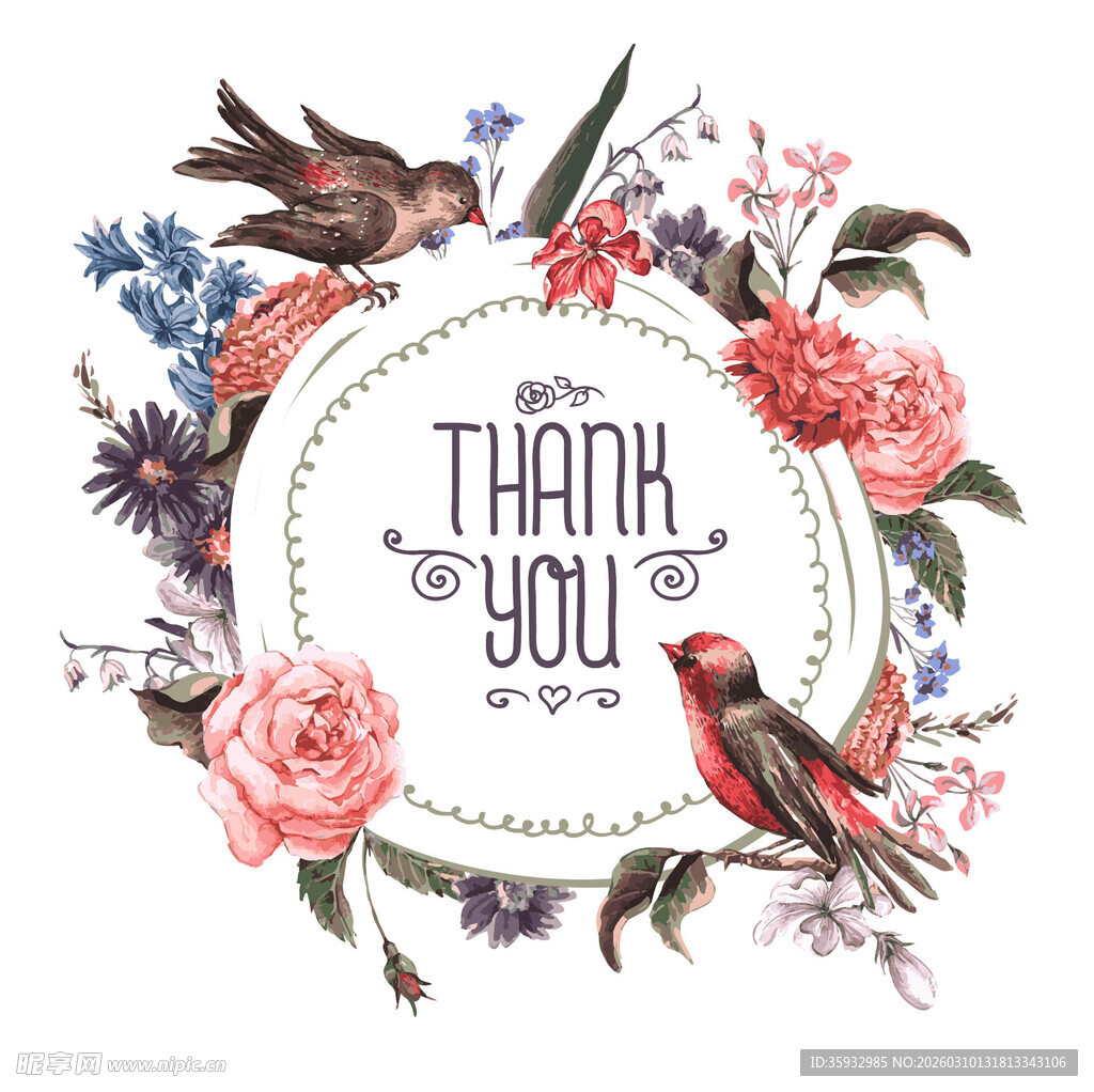 感谢花卉小鸟装饰图案
