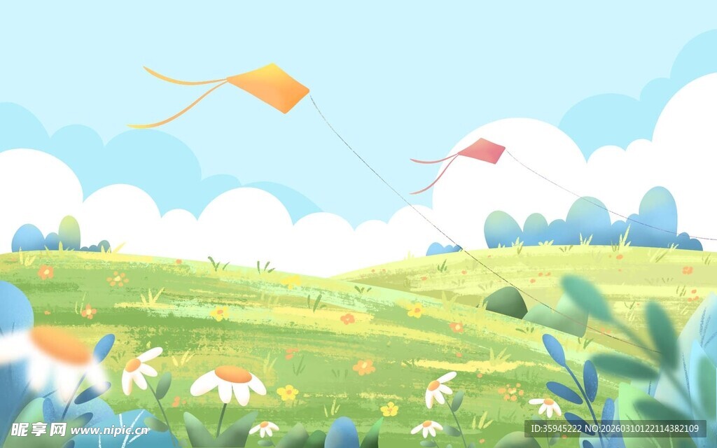 田野放风筝的美好场景