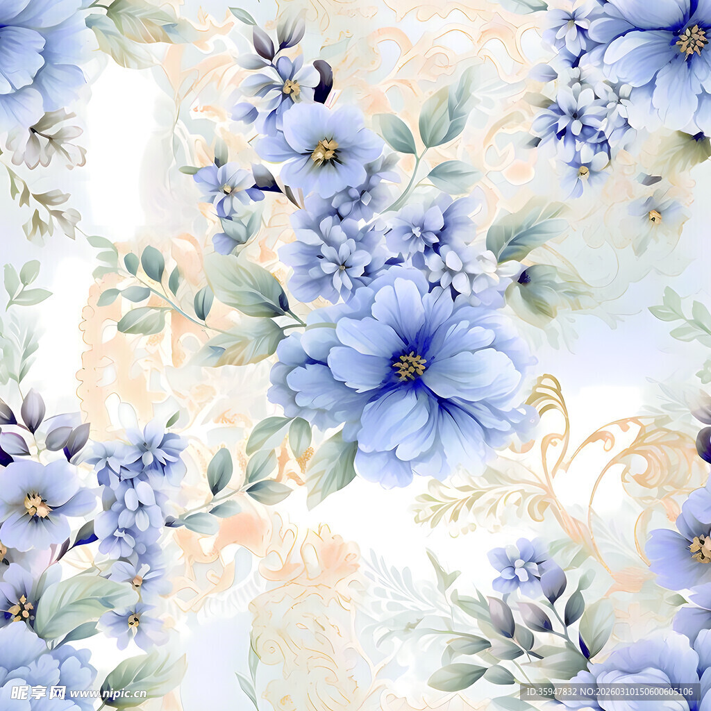 蓝白花卉图案背景纹理