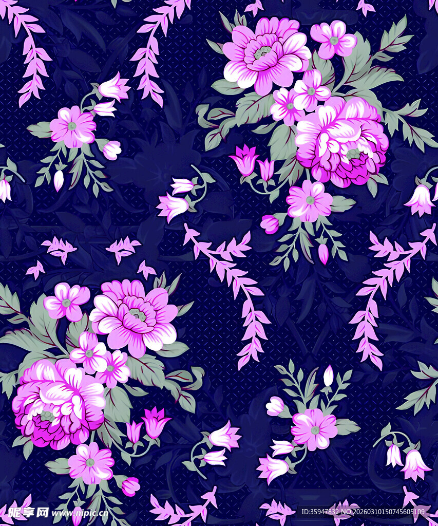深蓝色底粉色花卉图案