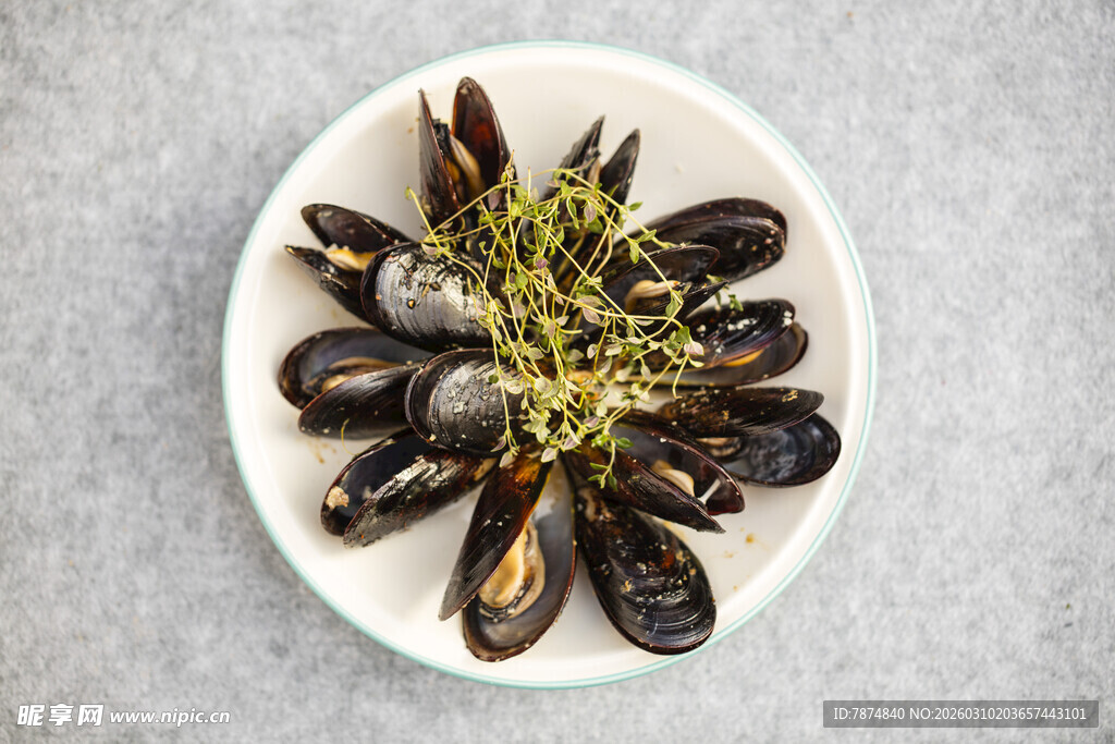 白盘上的新鲜贻贝