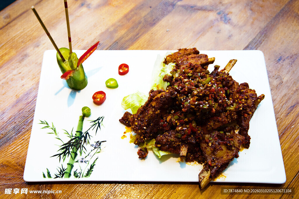 美味香酥排骨摆拍特写