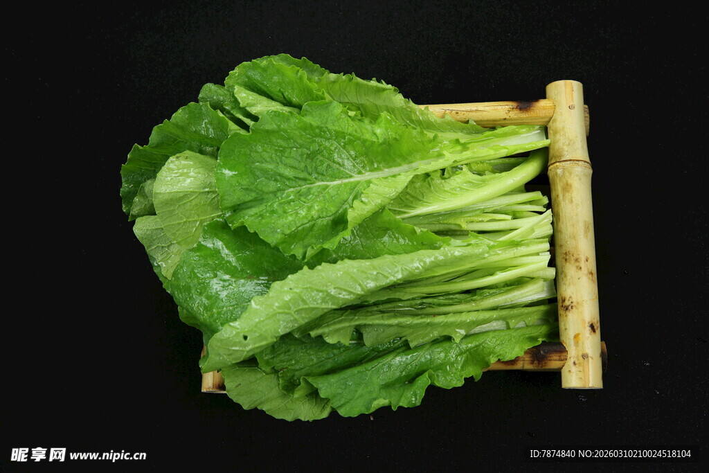 新鲜莴笋叶置于木框中