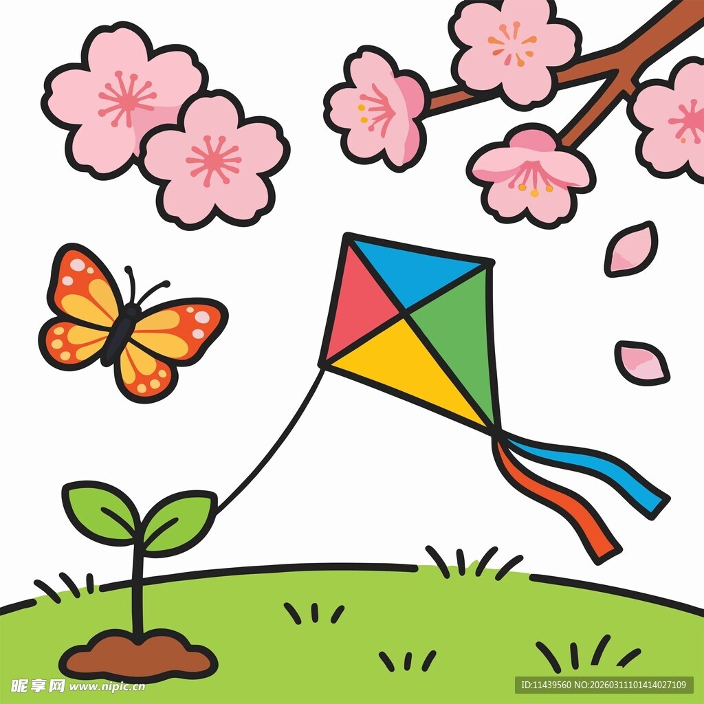 春日放风筝场景插画