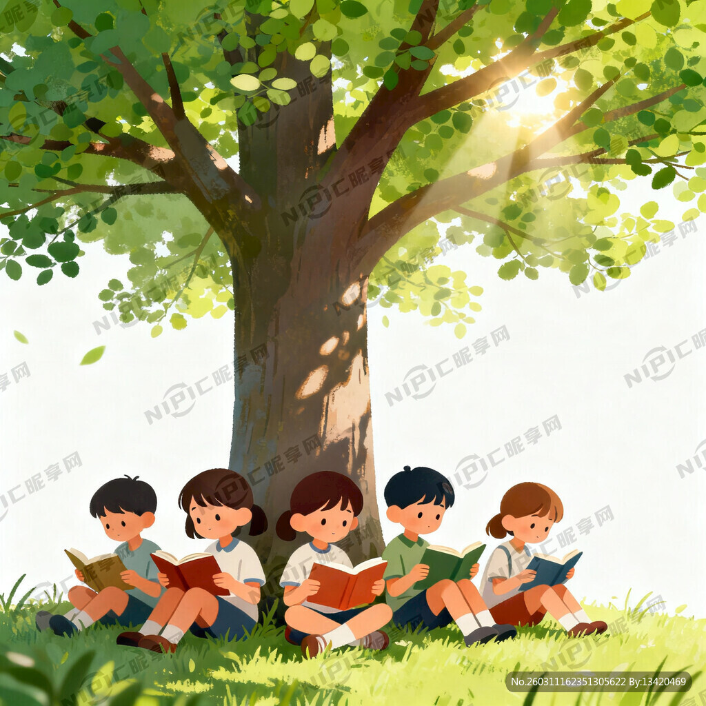 几个小学生在树下读书卡通
