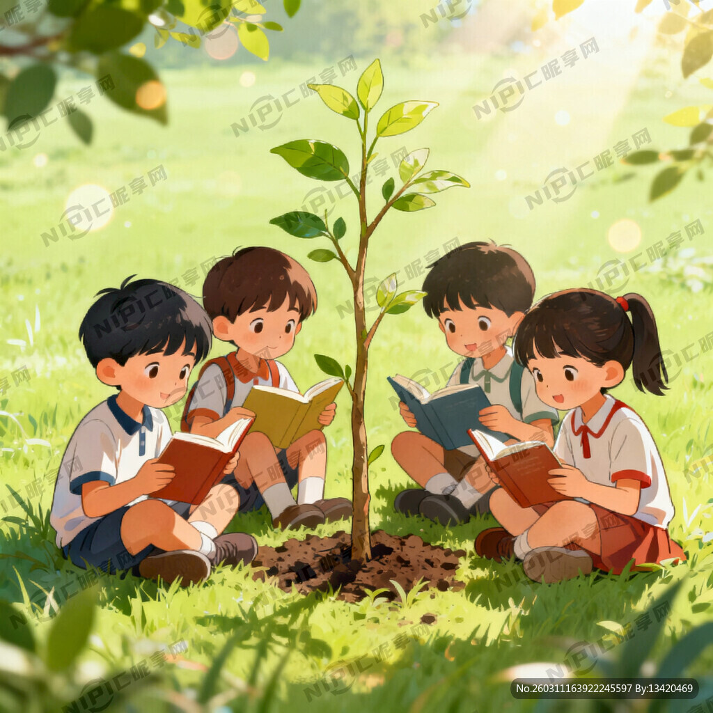 几个小学生在树苗读书卡通