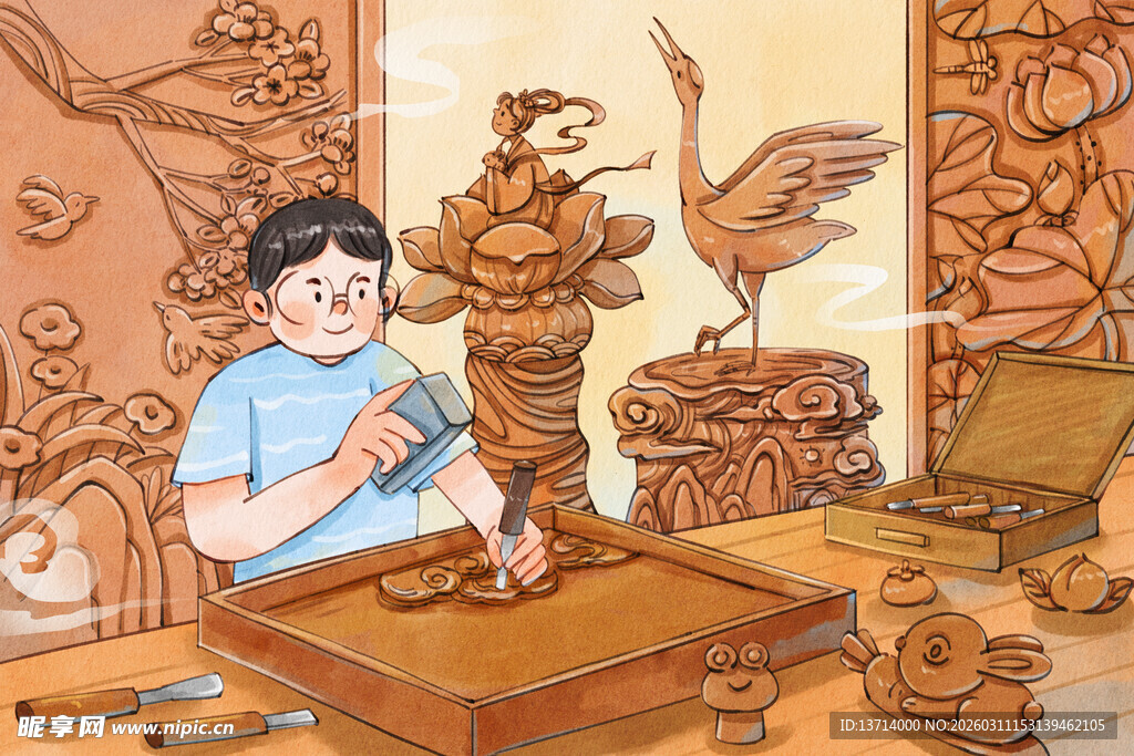 木头雕刻水彩插画