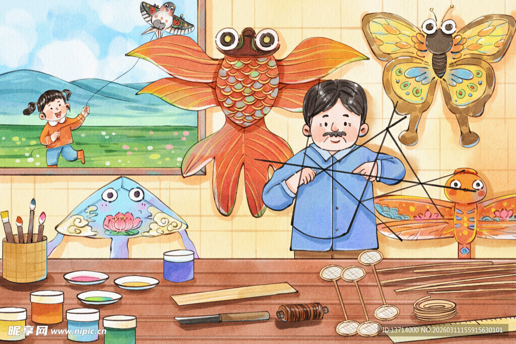 手工风筝水彩插画