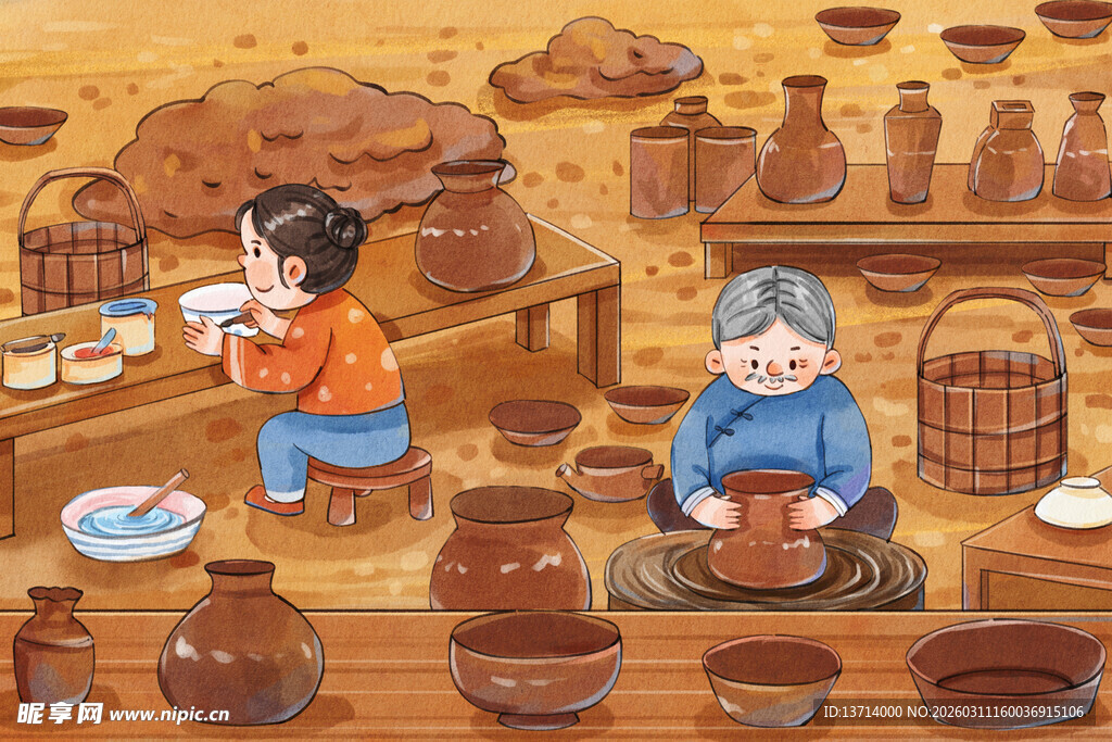 陶瓷陶罐制作水彩插画