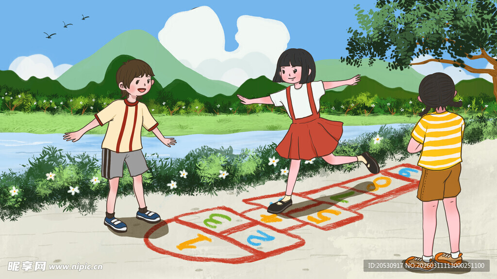 儿童户外玩跳房子游戏