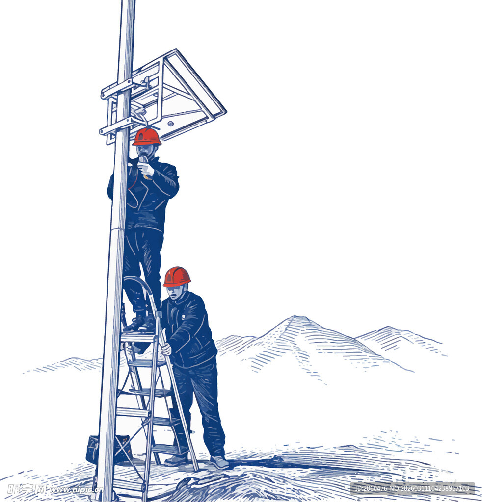 雪地中工人安装电力