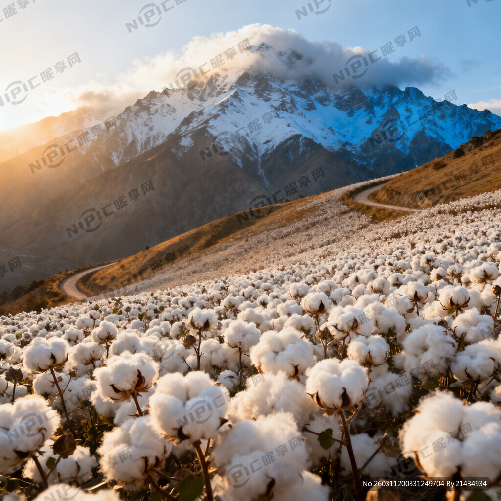 长绒棉 棉田 高山雪山背景