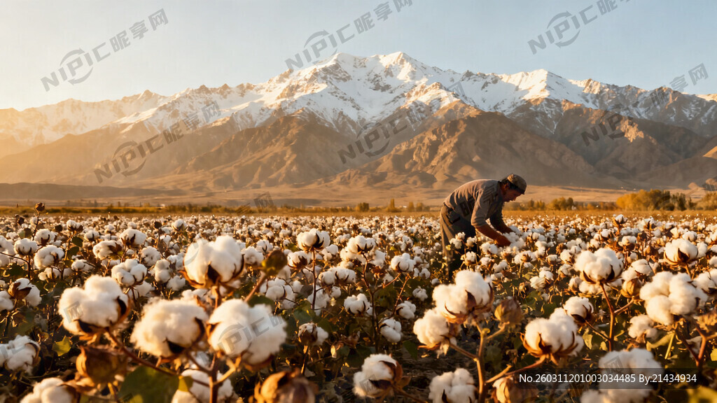 长绒棉 大片棉田 高山雪山背景