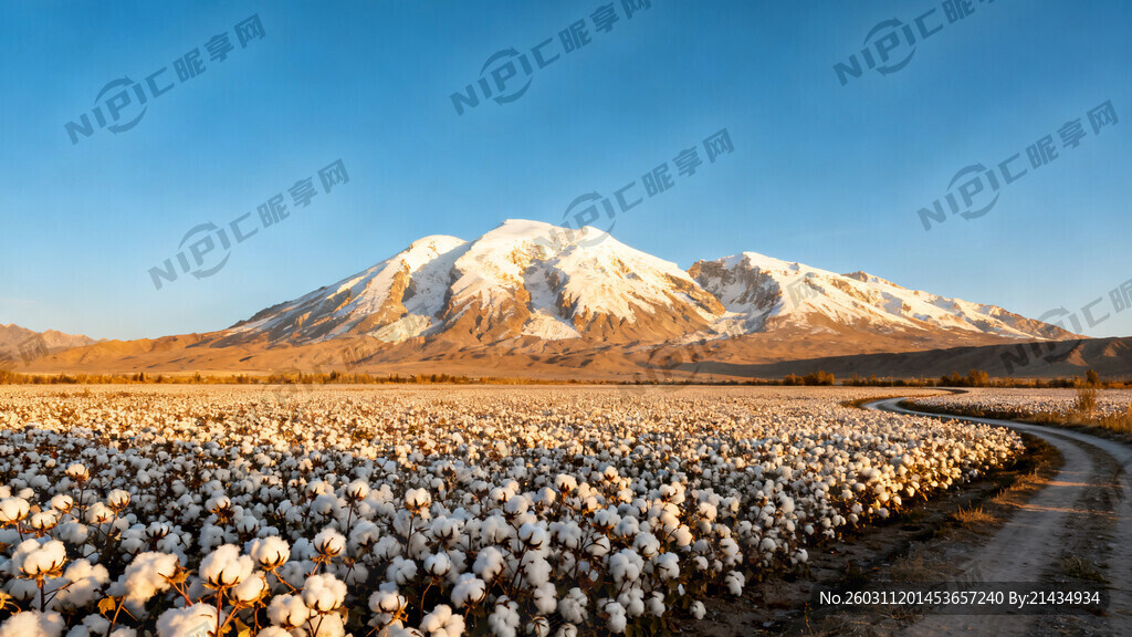 长绒棉 大片棉田 高山雪山背景