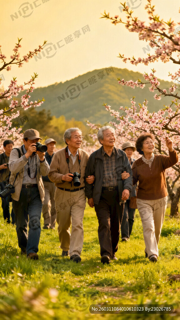 一群中老年人在一起旅游踏青