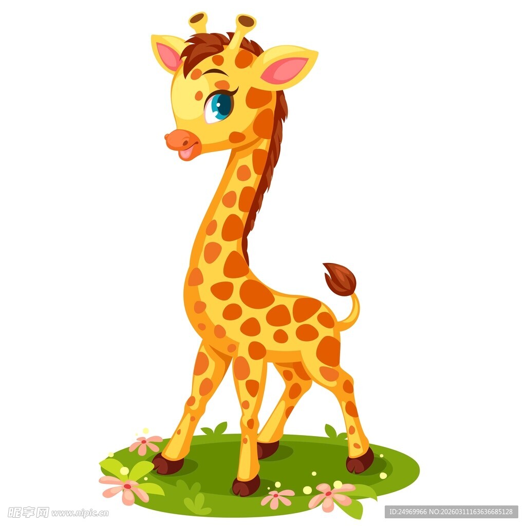 可爱长颈鹿站在花草间