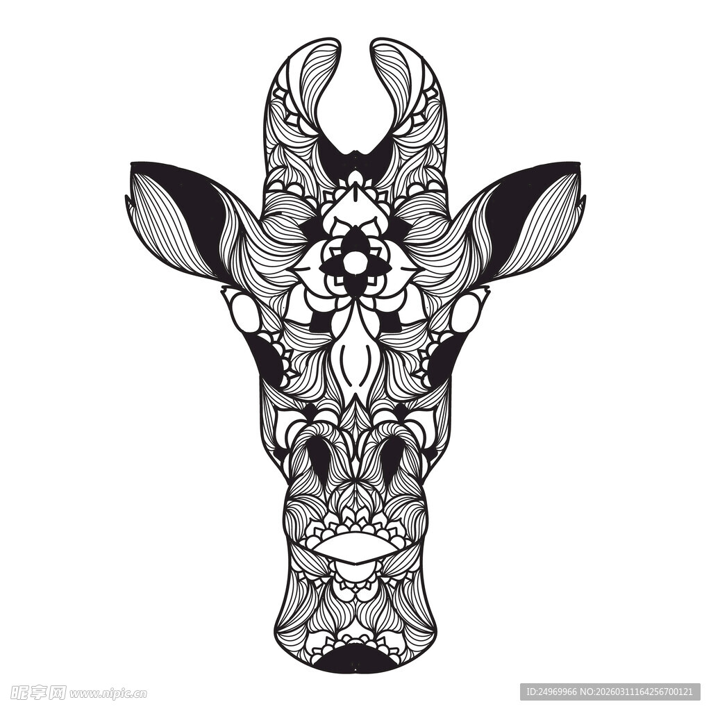 长颈鹿头部黑白花纹插画