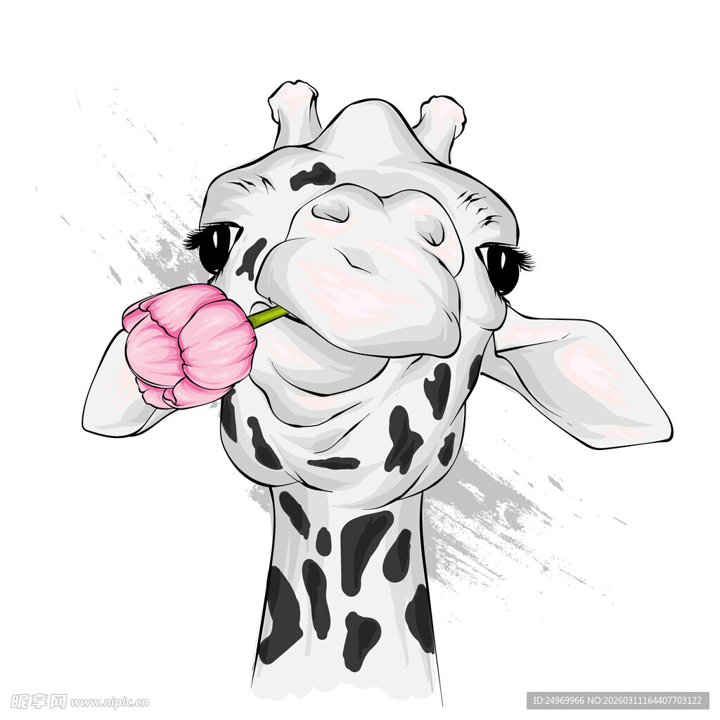 长颈鹿衔花的可爱模样