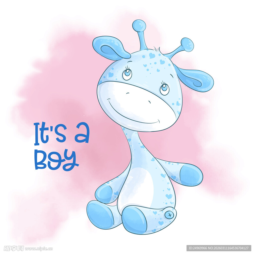 蓝色长颈鹿宝宝插画