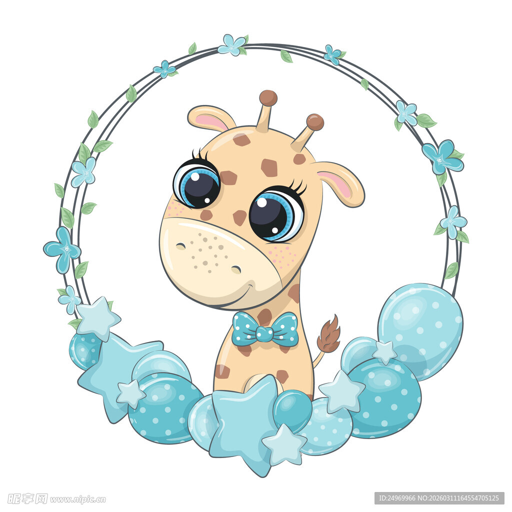 可爱长颈鹿置身梦幻花环中