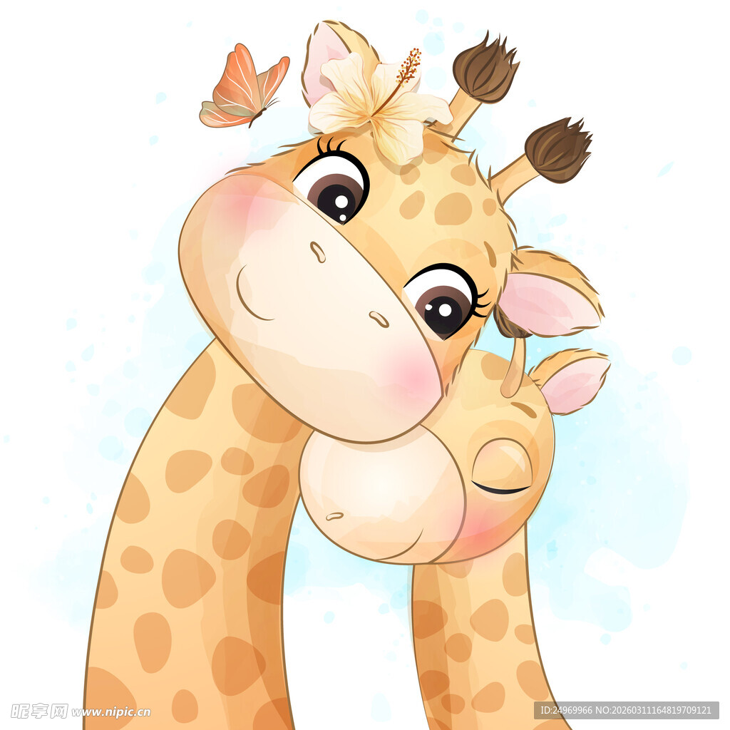 温馨长颈鹿母子依偎画面