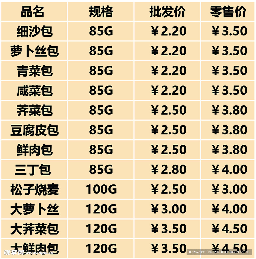 香烟价格表信息展示