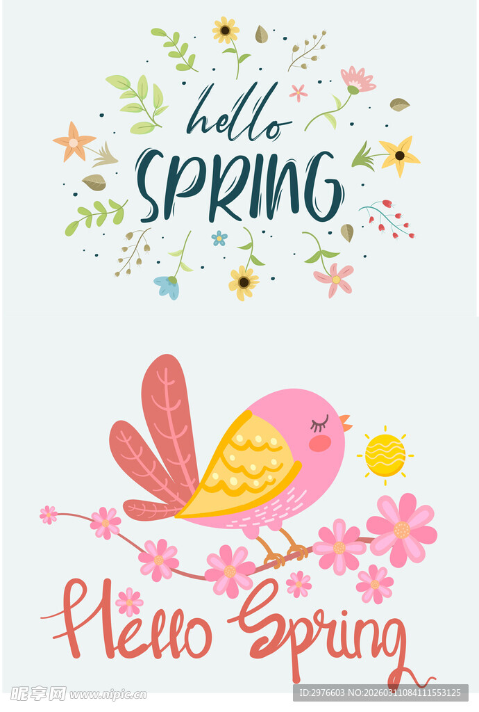 手绘春日小鸟花卉插画