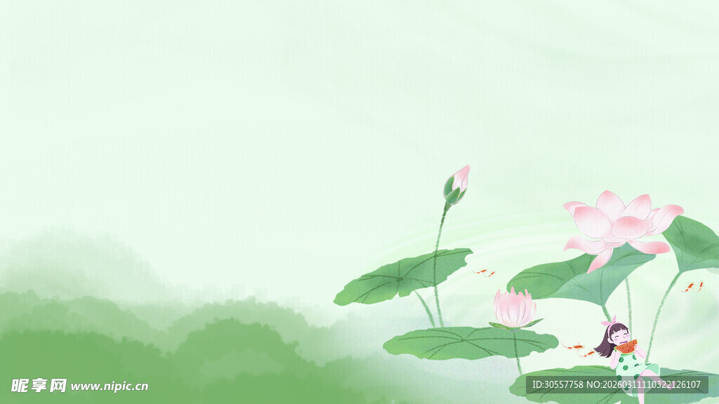 立夏水墨风荷叶女孩背景