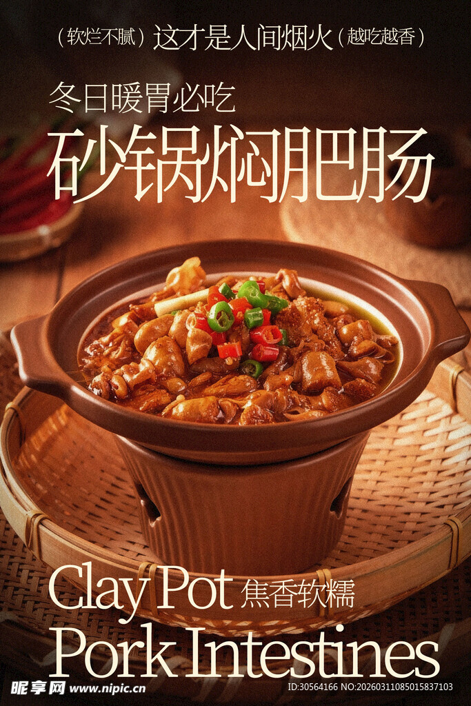 砂锅焖炖猪肥肠美食海报