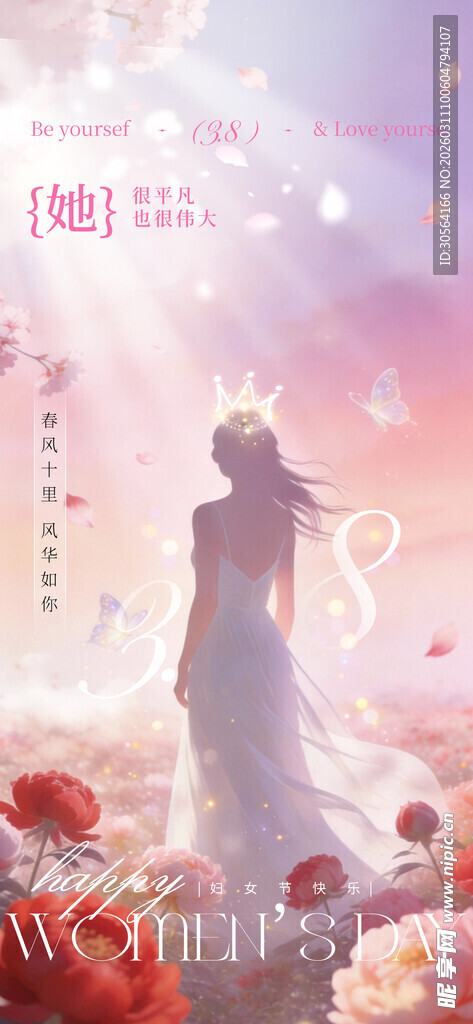 梦幻花海中的优雅女子女神节海报