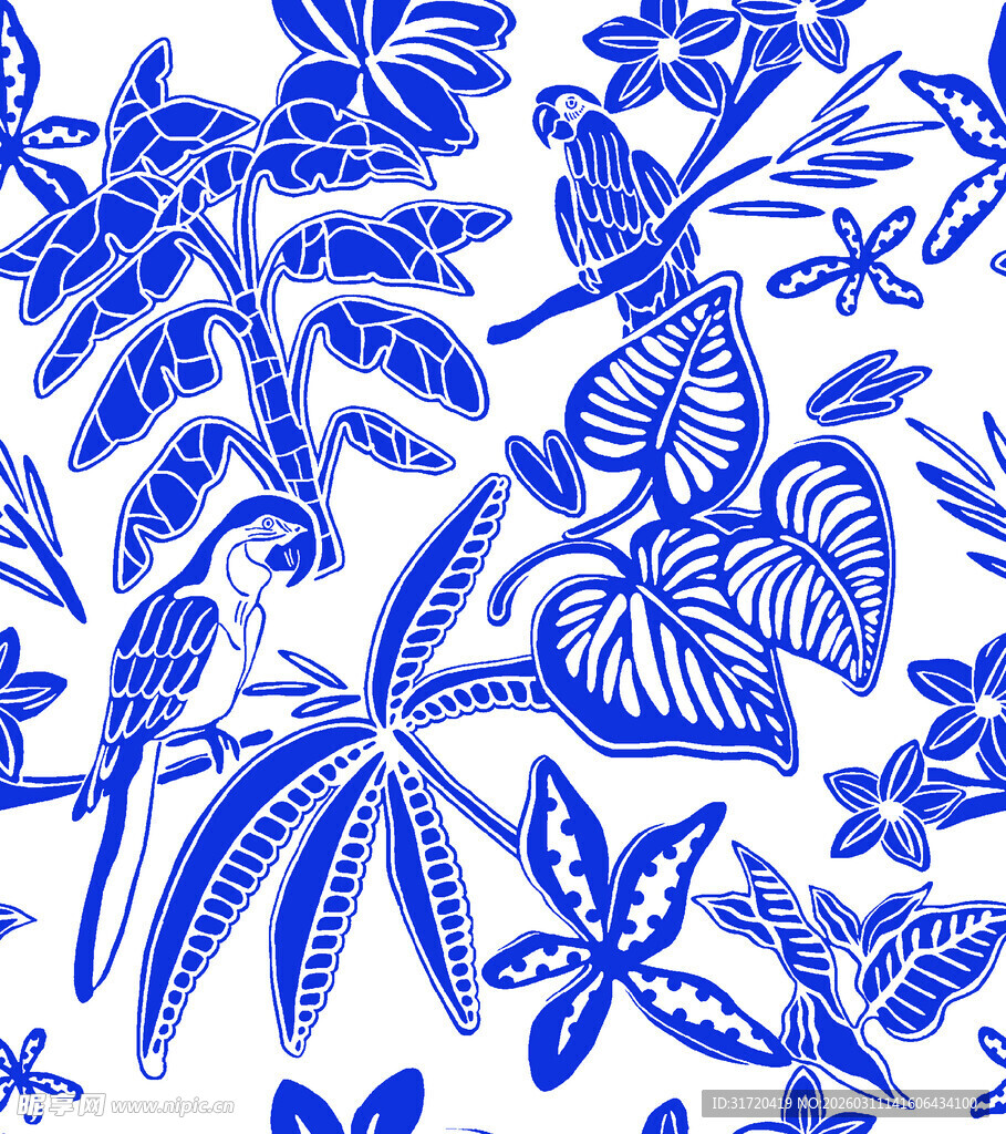 蓝白热带风情动植物图案