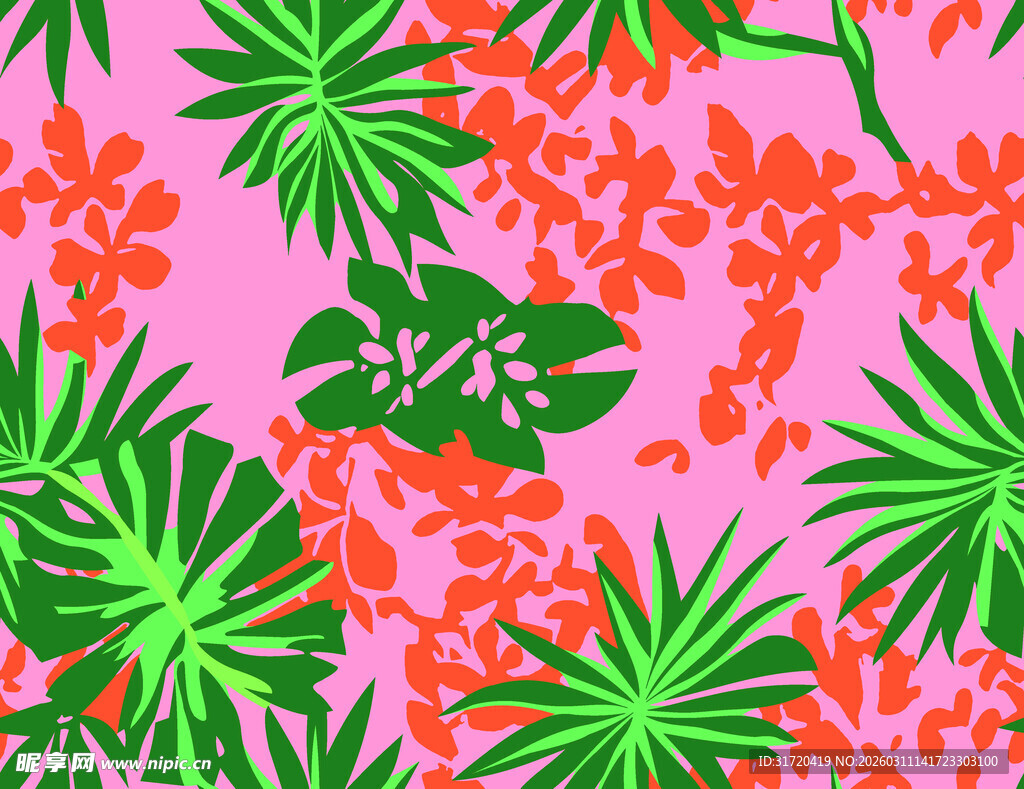粉色背景热带植物花卉图案